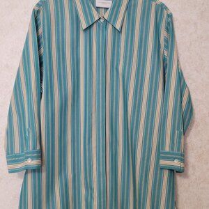 Liz Claiborne Pin Stripe Blouse Tan Dark Teal White  Size 14